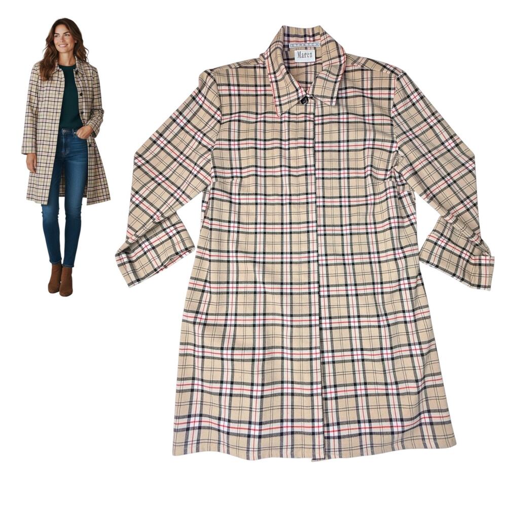 Maren Jacket Checker Plaid Size LG Tan Red Black Plaid Rain Trench Coat Stretch